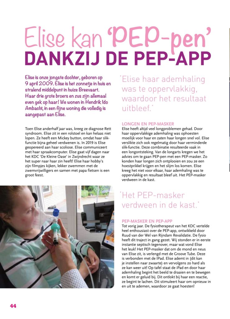 Artikel uit pRettpraat editie 59 genaamd: PEP masker training met de PEP app. Pagina 1